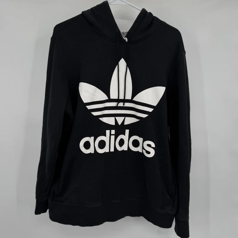 Adidas Hoodie Mens‎ XL Black Trefoil Logo Graphic Pullover Runs Small
